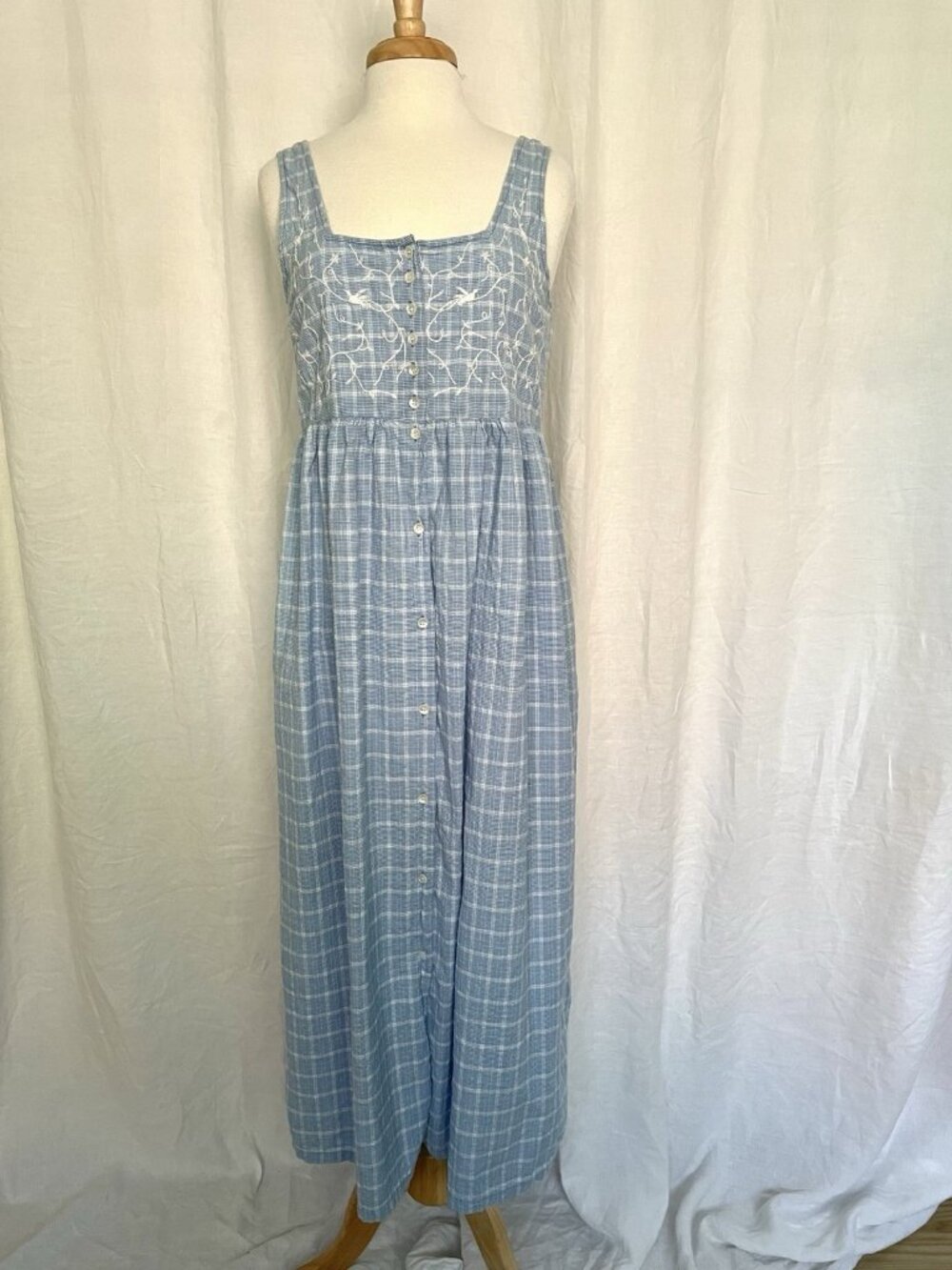 Vintage 90s APRIL CORNELL Embroidered Long Plaid Tank Dress Cottage Blue Medium